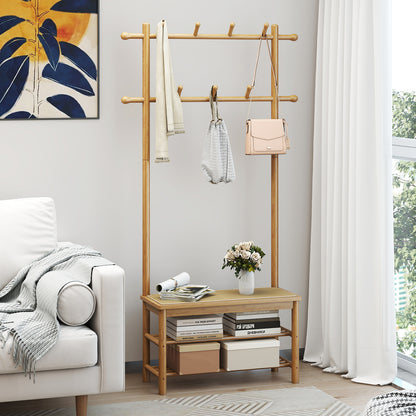 Bamboo Coat Rack PE Rattan Hall Tree with Bench and Shoe Storage-Natural