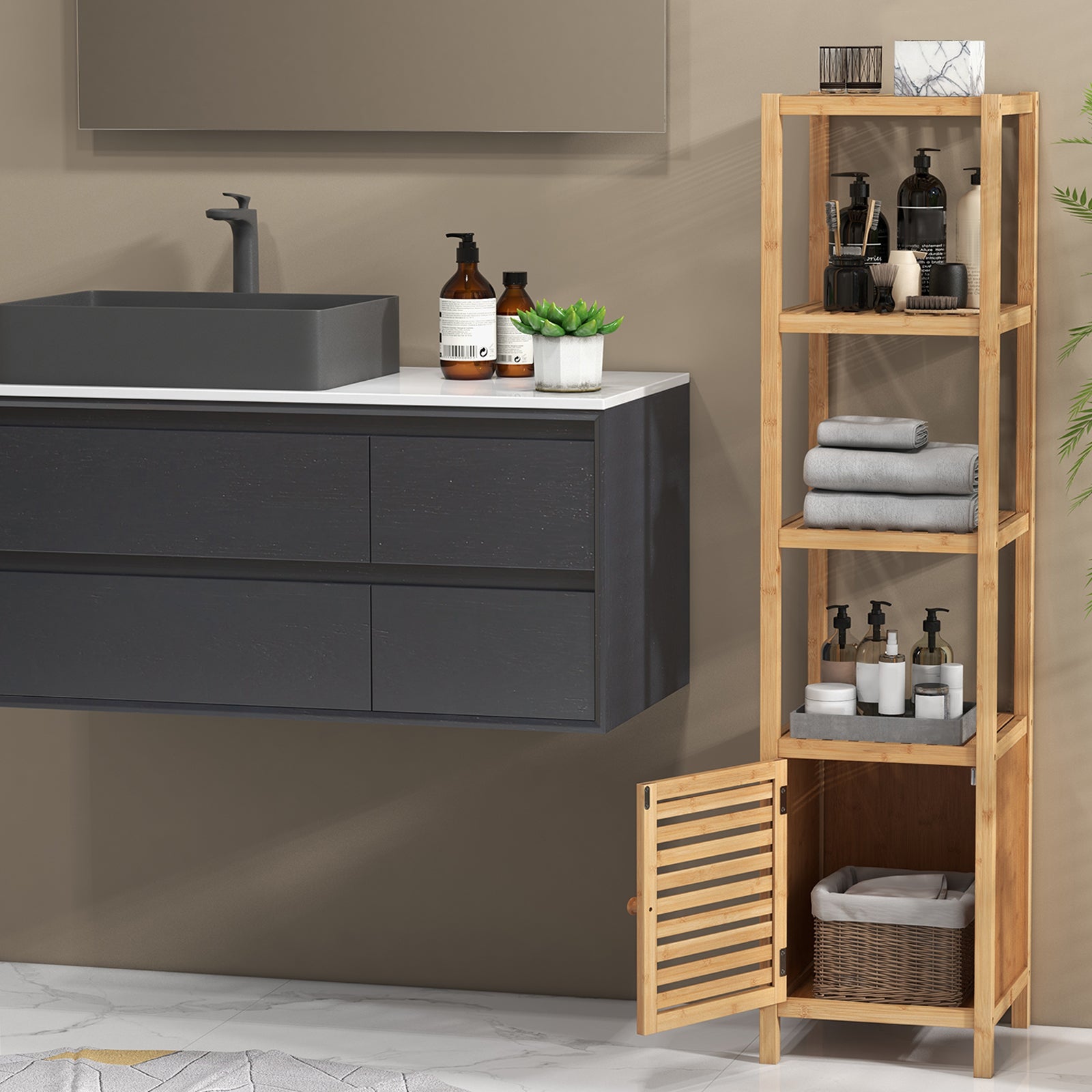 Bamboo Floor Storage Cabinet with Shuttered Door-Natural