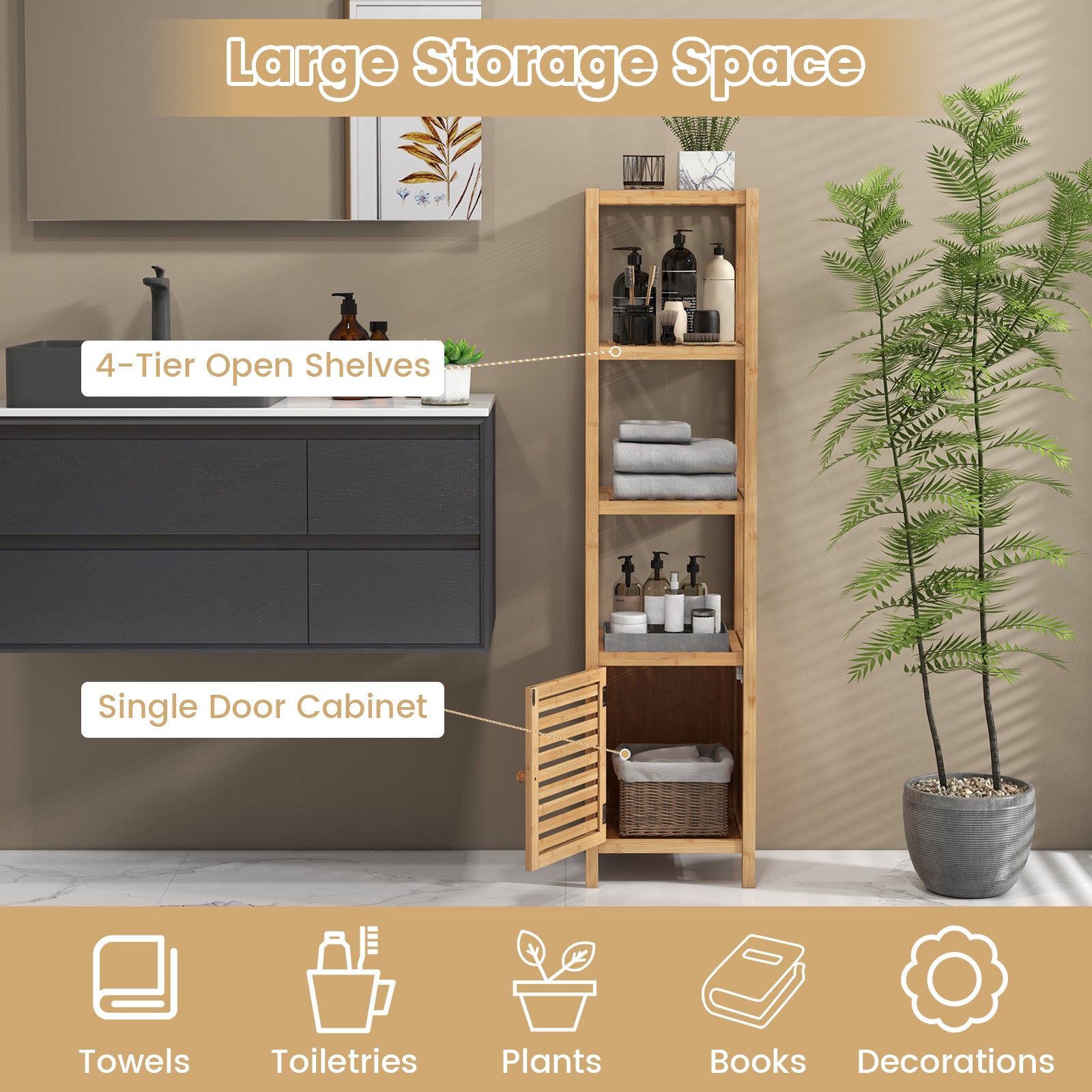 Bamboo Floor Storage Cabinet with Shuttered Door-Natural