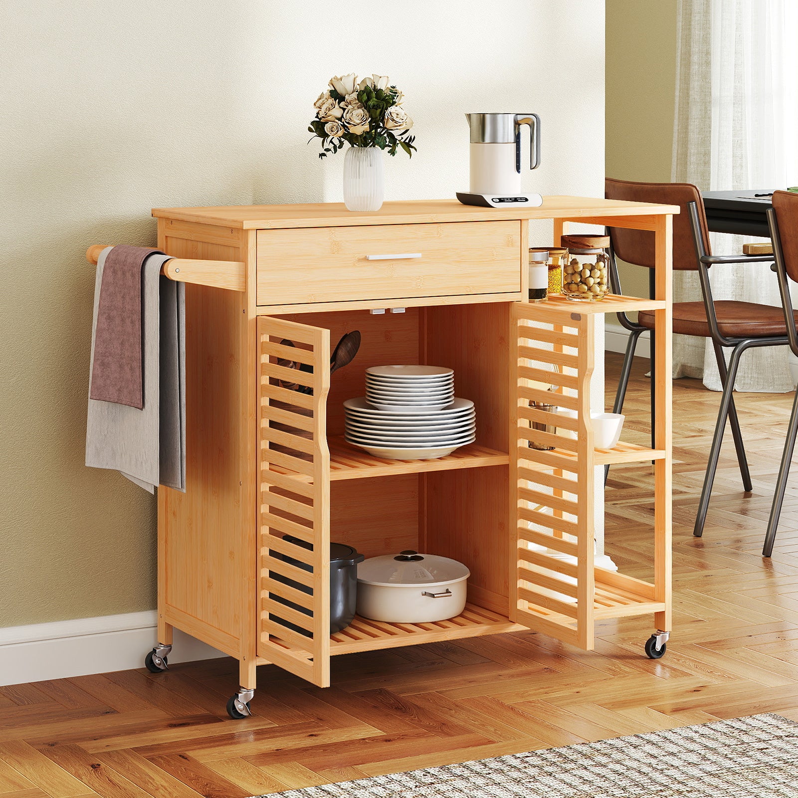 Bamboo Kitchen Island Cart Rolling Storage Sideboard with Towel Bar-Natural