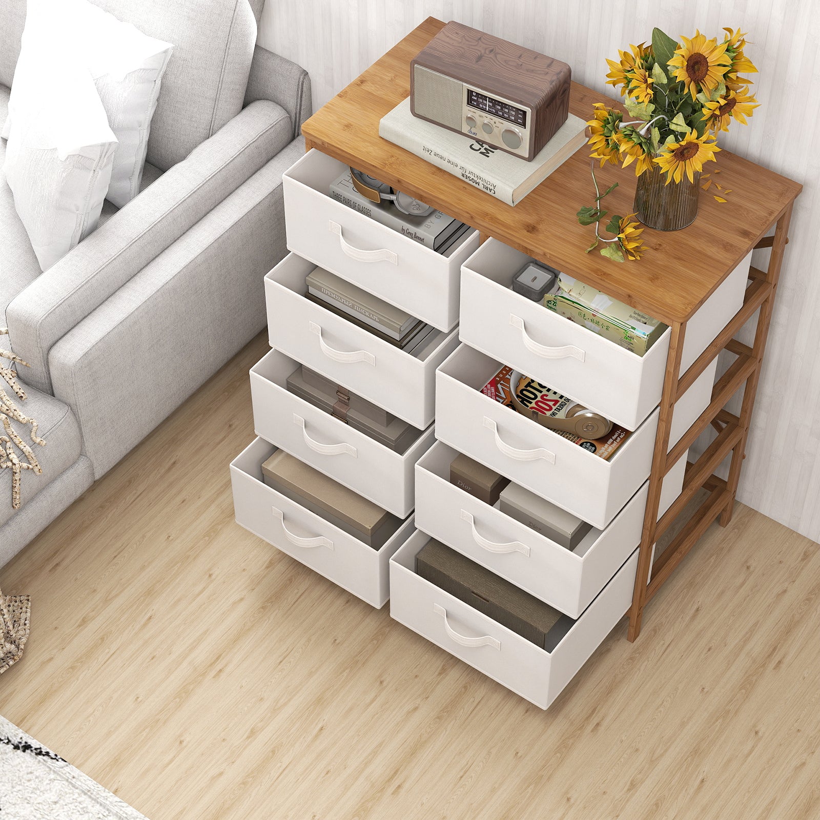 Bamboo Storage Tower with Foldable Fabric Drawers and Top Shelf-Beige