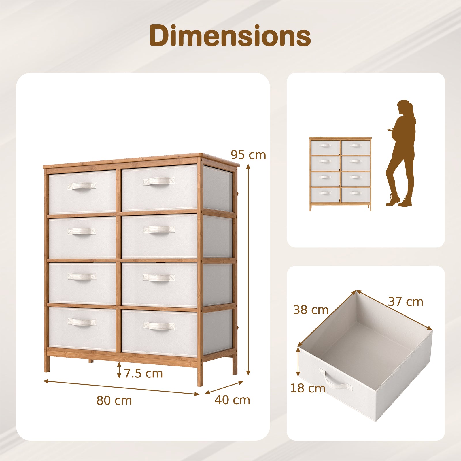 Bamboo Storage Tower with Foldable Fabric Drawers and Top Shelf-Beige