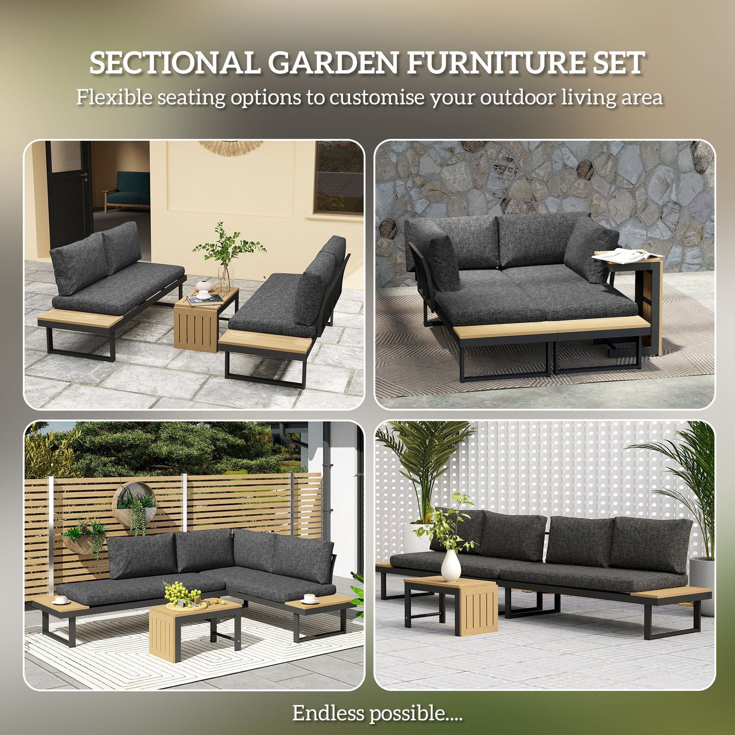Outsunny 4 Seater L Shaped Aluminium Sectional Garden Furniture Set with 2 Loveseats and Wood-Plastic Coffee Table - Natural Wood