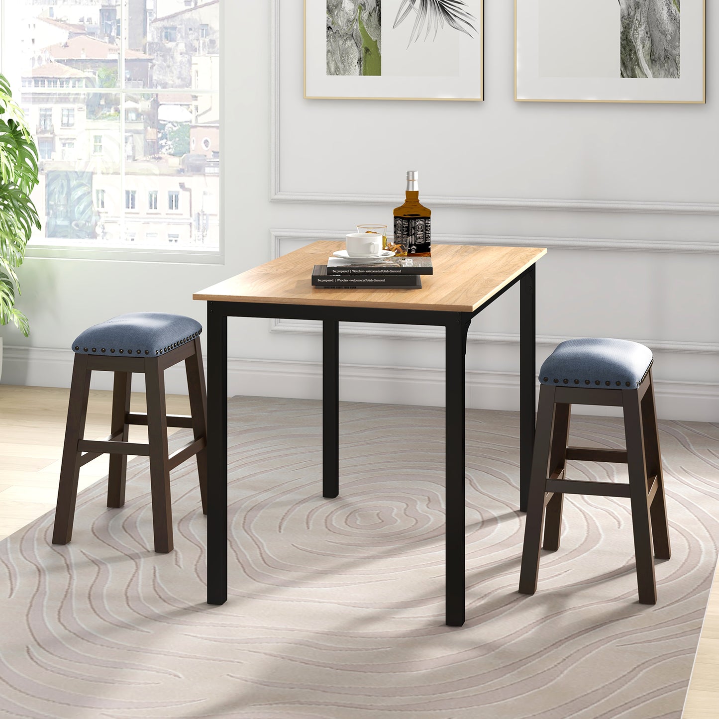 Bar Stool Set of 2 with Padded Seat and Rubber Wood Legs-Brown