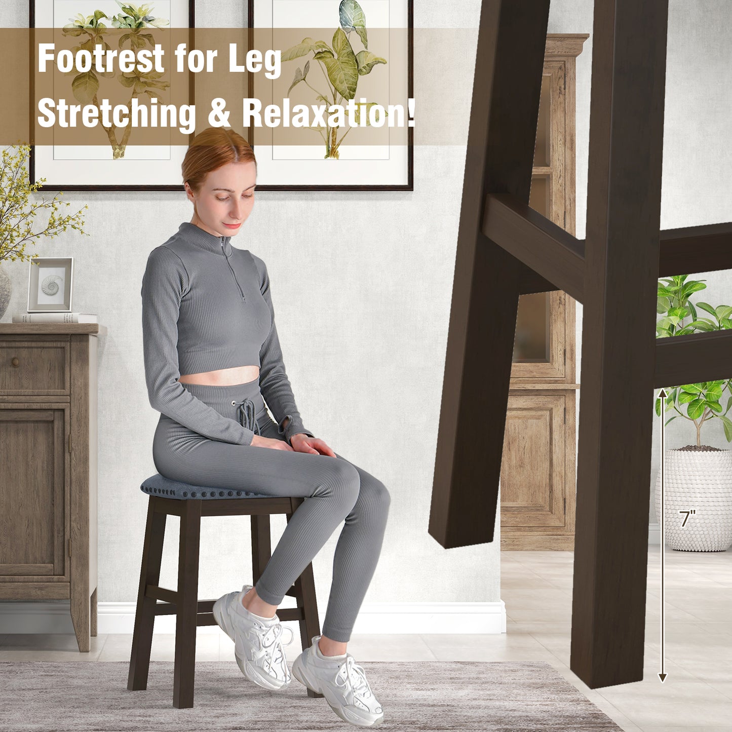 Bar Stool Set of 2 with Padded Seat and Rubber Wood Legs-Brown
