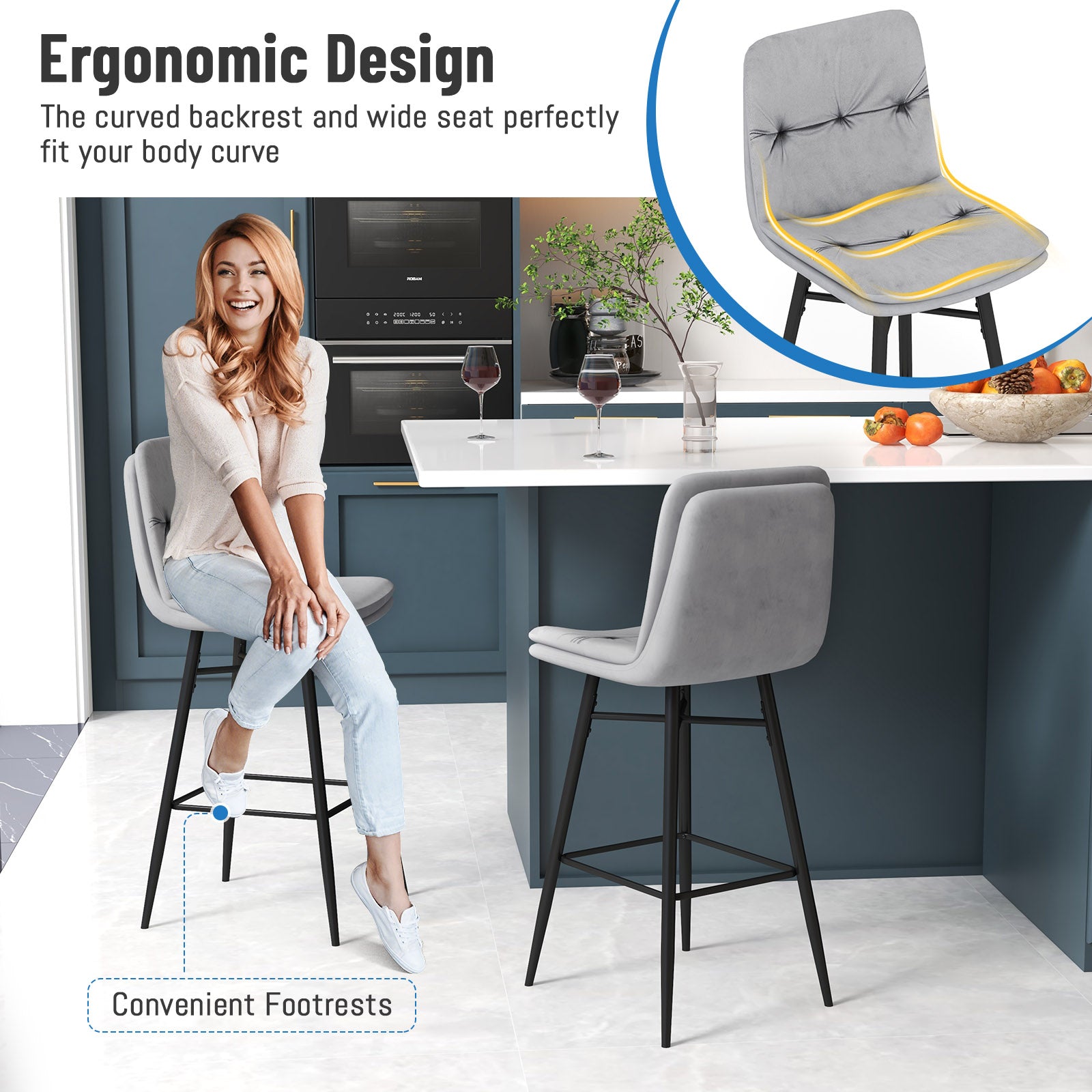 Bar Stools Set of 2 with Tufted Back, Metal Footrests and Legs-Grey