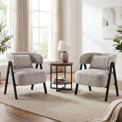 Barrel Accent Chair Upholstered Armchair with Lumbar Pillow-Grey