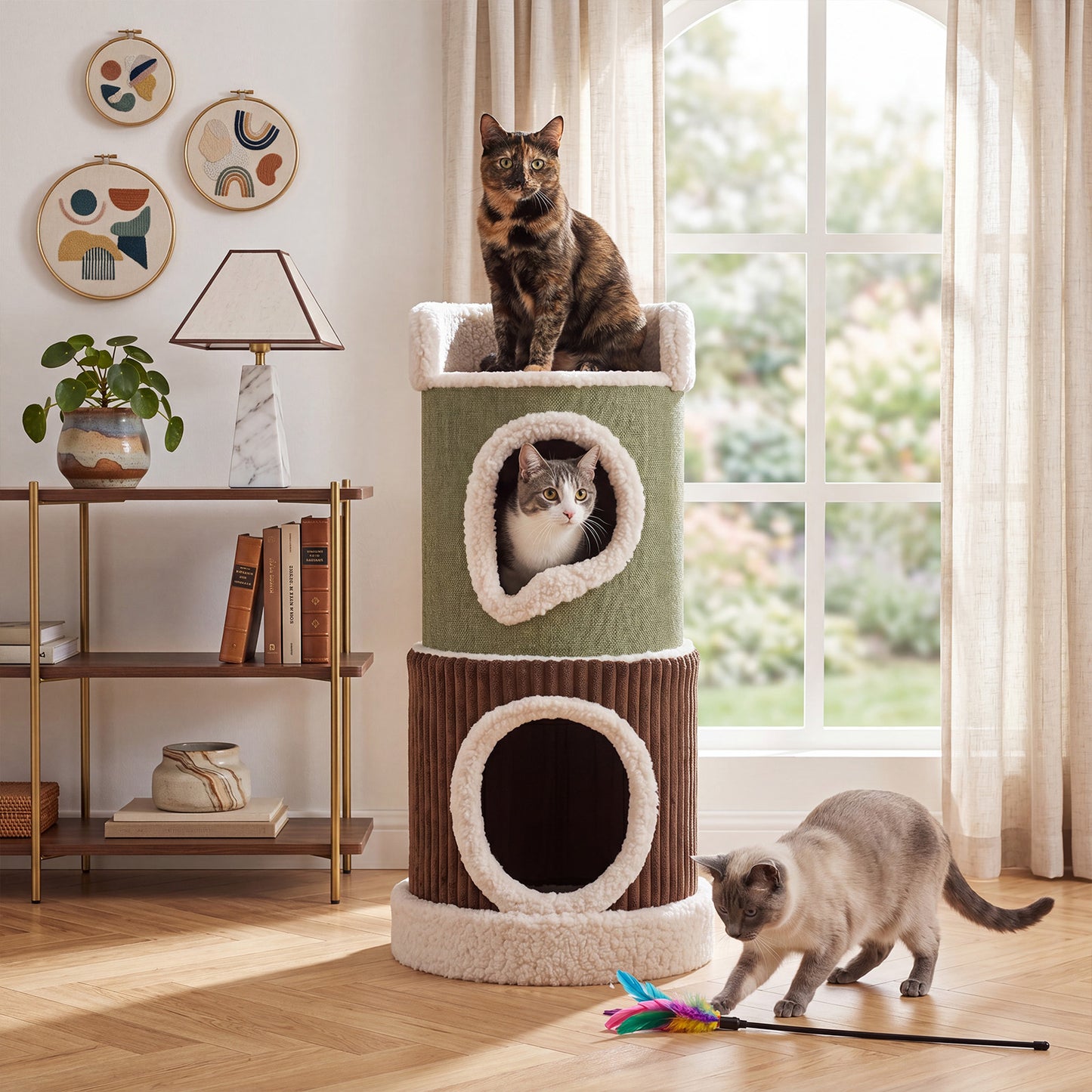 Barrel Cat House with Top Perch & Double Condos and Comfy Mats for Indoor-Green