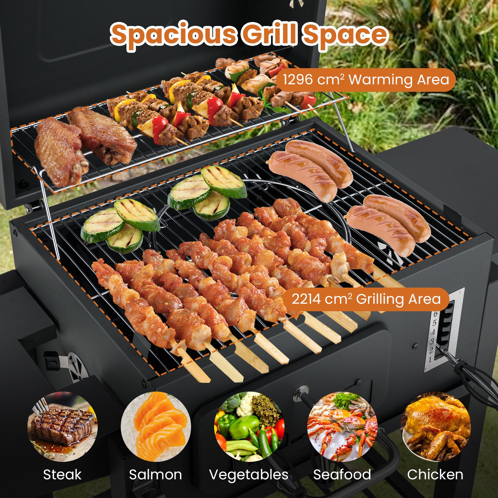 Barrel Charcoal Grill with 2 Folding Side Tables for Camping Picnic