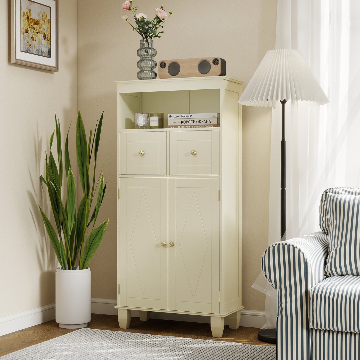 Bathroom Floor Storage Cabinet with Doors and Shelves-Beige