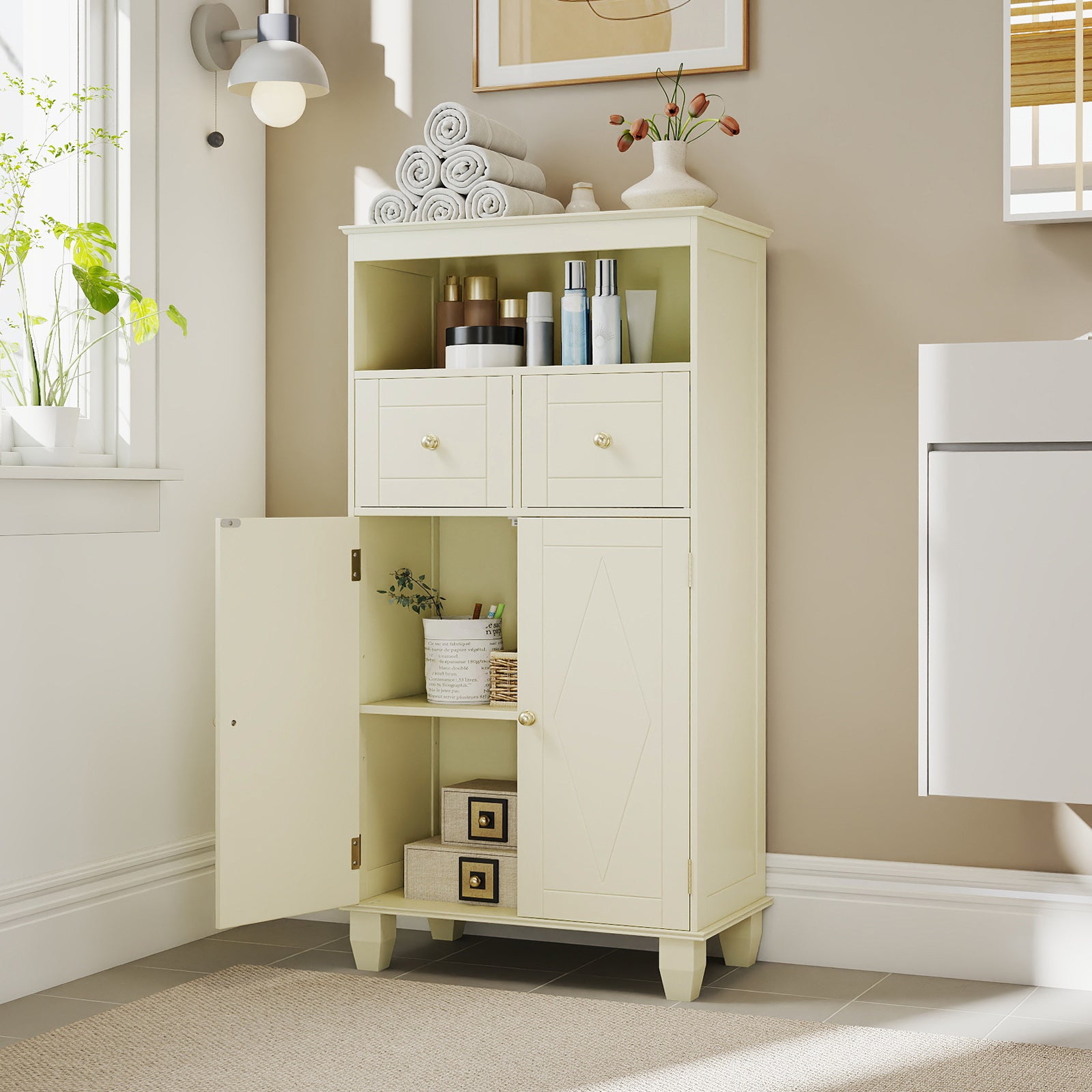 Bathroom Floor Storage Cabinet with Doors and Shelves-Beige