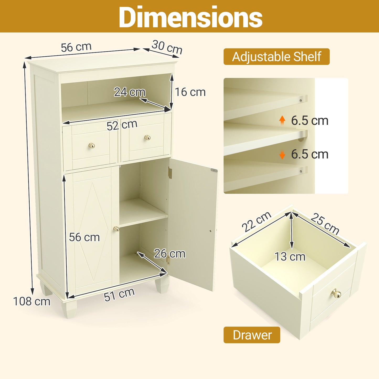 Bathroom Floor Storage Cabinet with Doors and Shelves-Beige