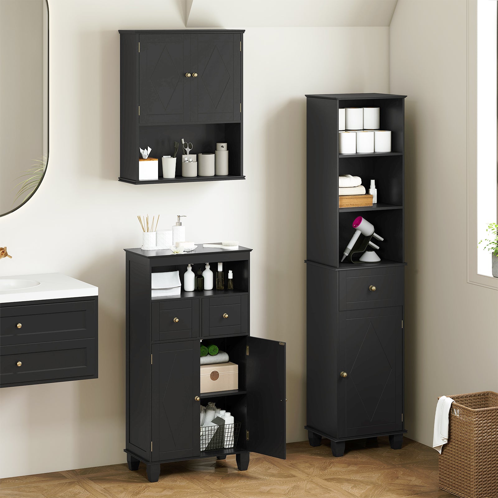 Bathroom Floor Storage Cabinet with Doors and Shelves-Black