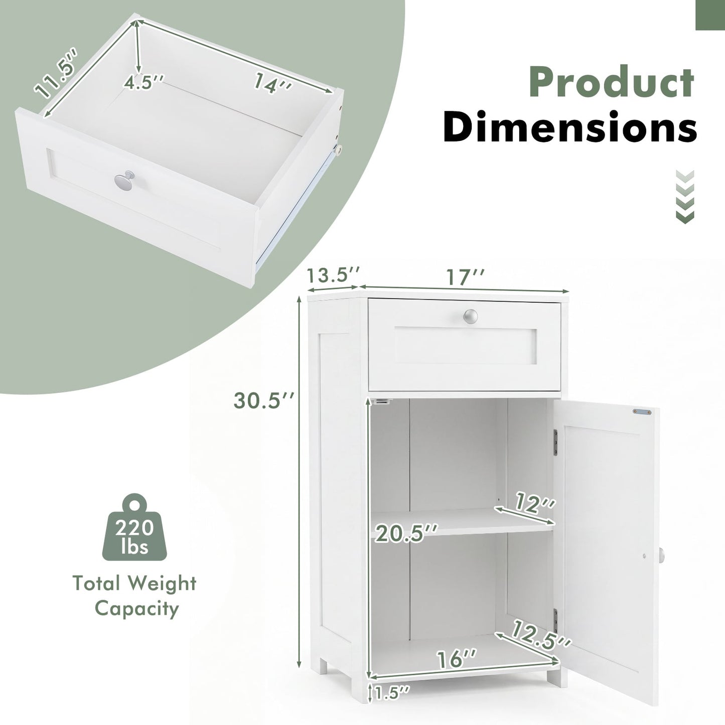 Bathroom Storage Cabinet with Drawer & Door with Anti-Tipping Devices-White