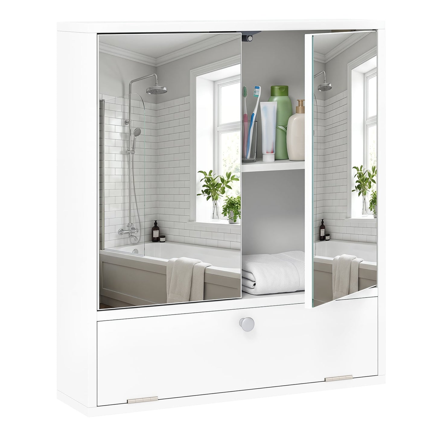 Bathroom Wall Cabinet with 2 Mirrored Doors & Flip-Down Door for Storage-White