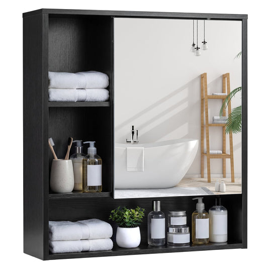 Bathroom Wall Mirror Cabinet with Single Door and 3 Open Shelves-Black