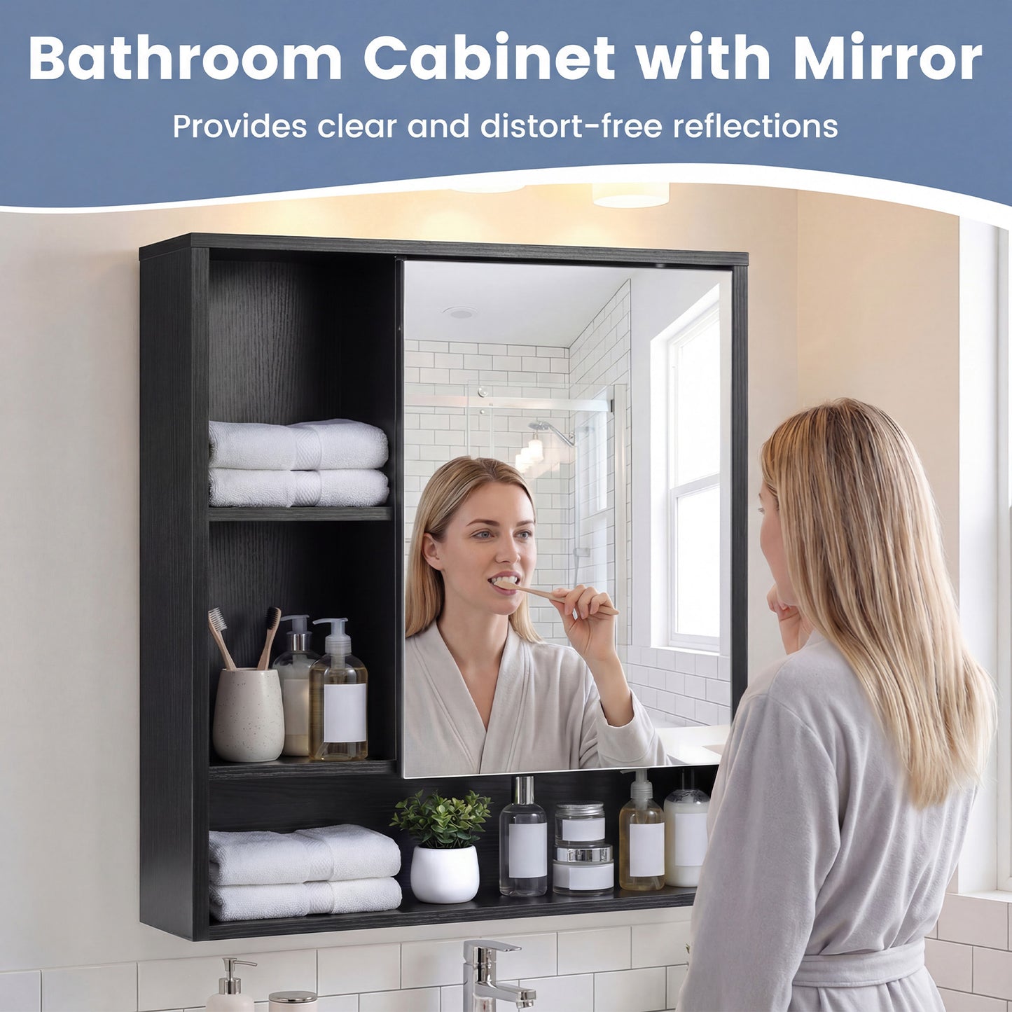 Bathroom Wall Mirror Cabinet with Single Door and 3 Open Shelves-Black