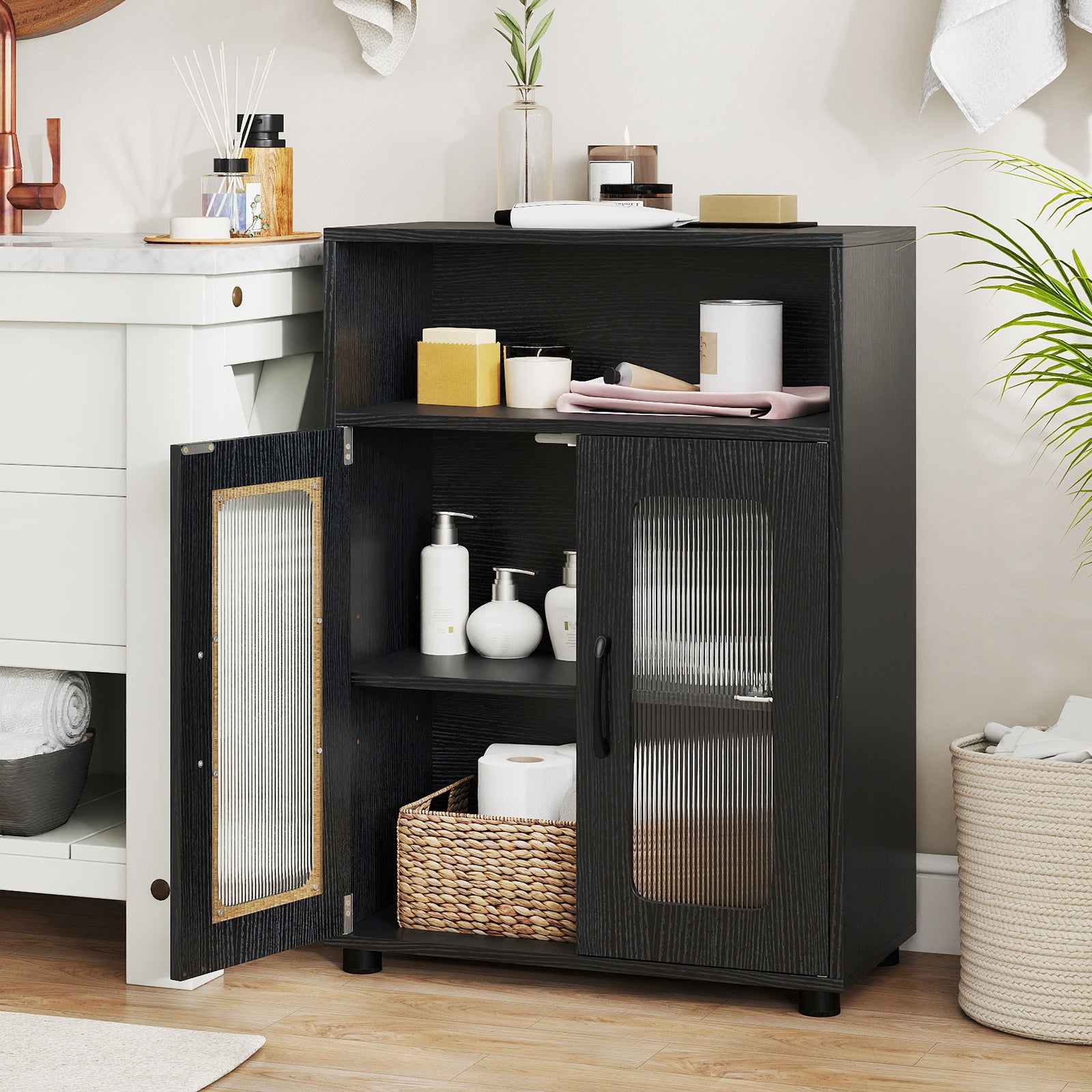 Bathroom Cabinet Freestanding Cabinet with 2 Doors and 3-Level Adjustable Shelf-Black