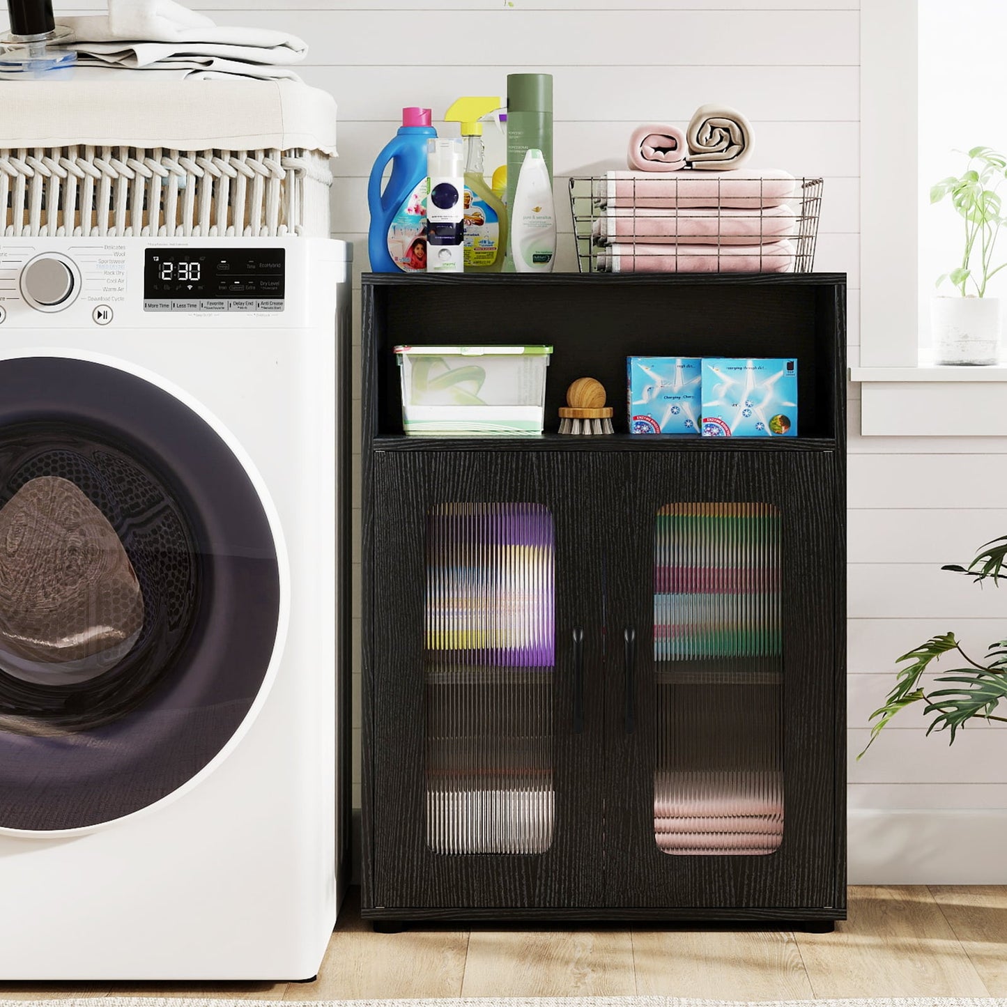 Bathroom Cabinet Freestanding Cabinet with 2 Doors and 3-Level Adjustable Shelf-Black