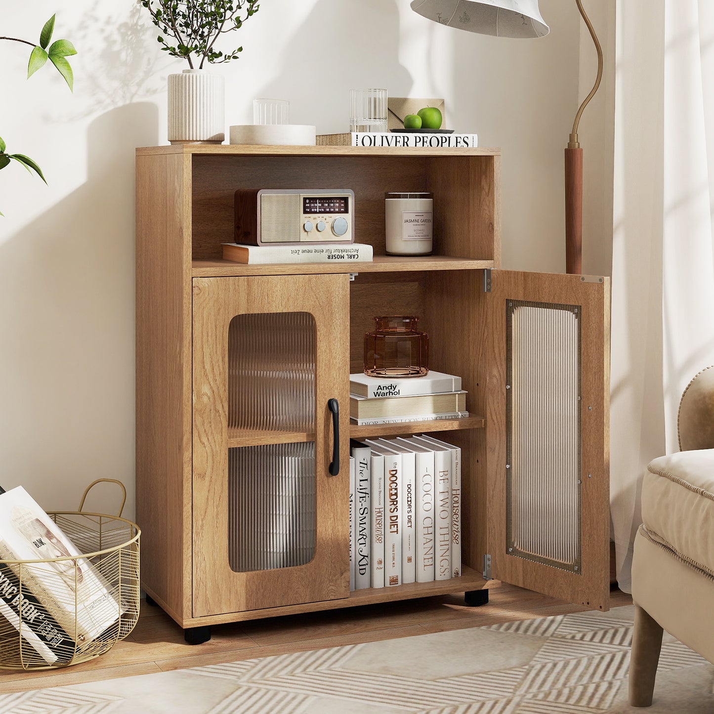 Bathroom Cabinet Freestanding Cabinet with 2 Doors and 3-Level Adjustable Shelf-Natural