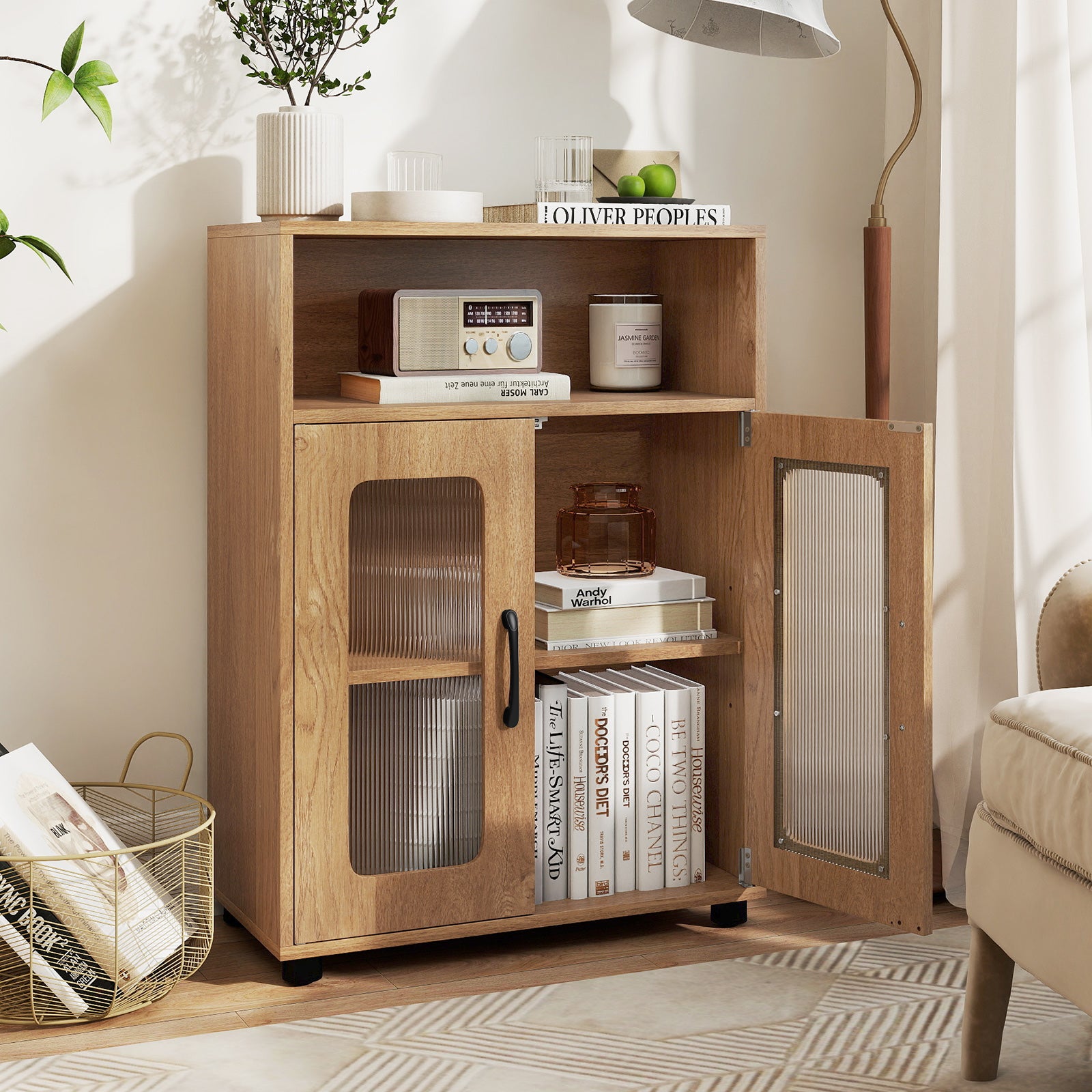 Bathroom Cabinet Freestanding Cabinet with 2 Doors and 3-Level Adjustable Shelf-Natural