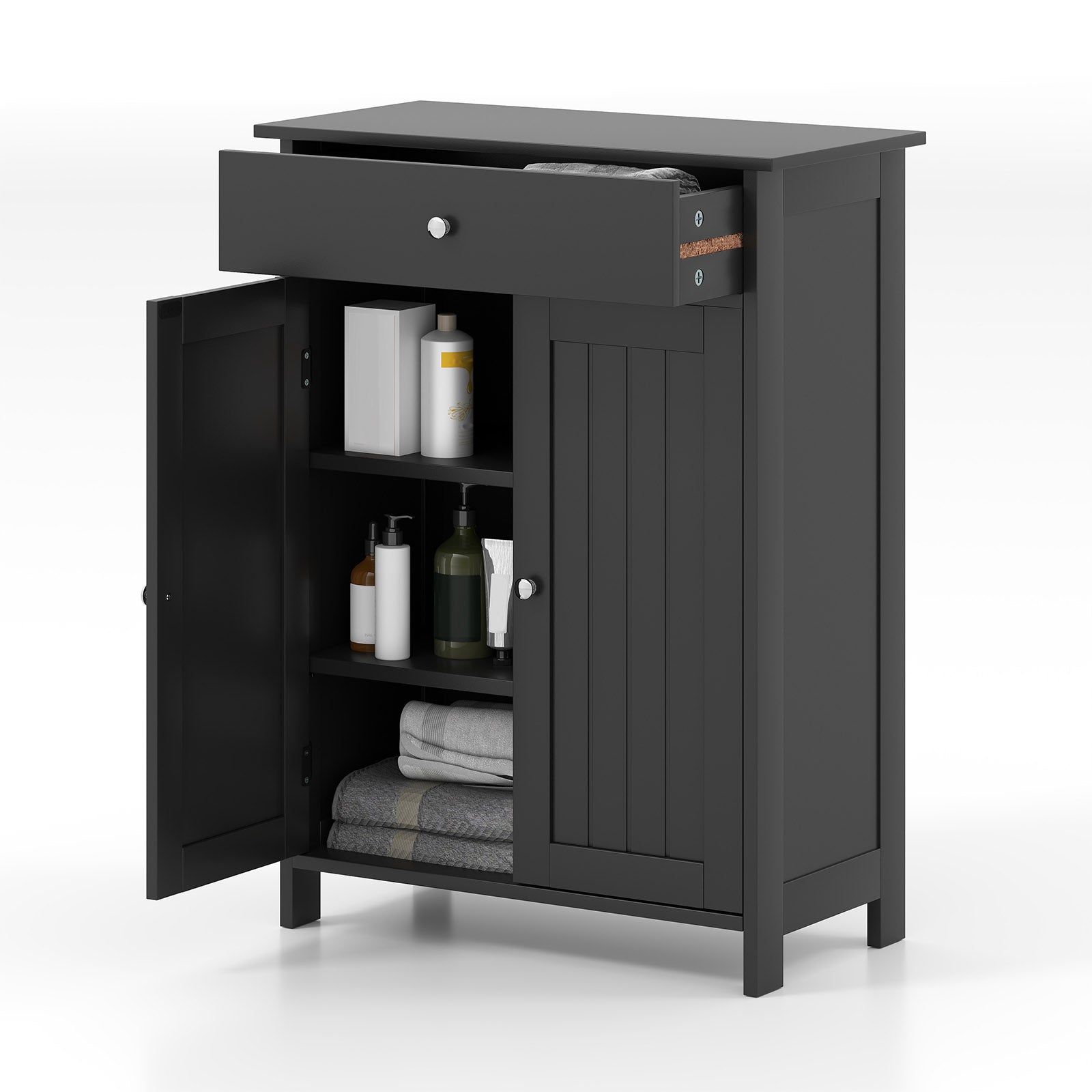 Bathroom Floor Cabinet 2-Door with Drawer and Adjustable Shelf-Black