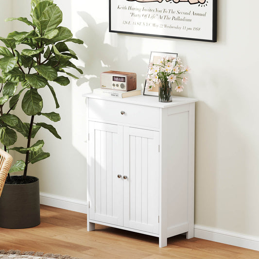 Bathroom Floor Cabinet 2-Door with Drawer and Adjustable Shelf-White