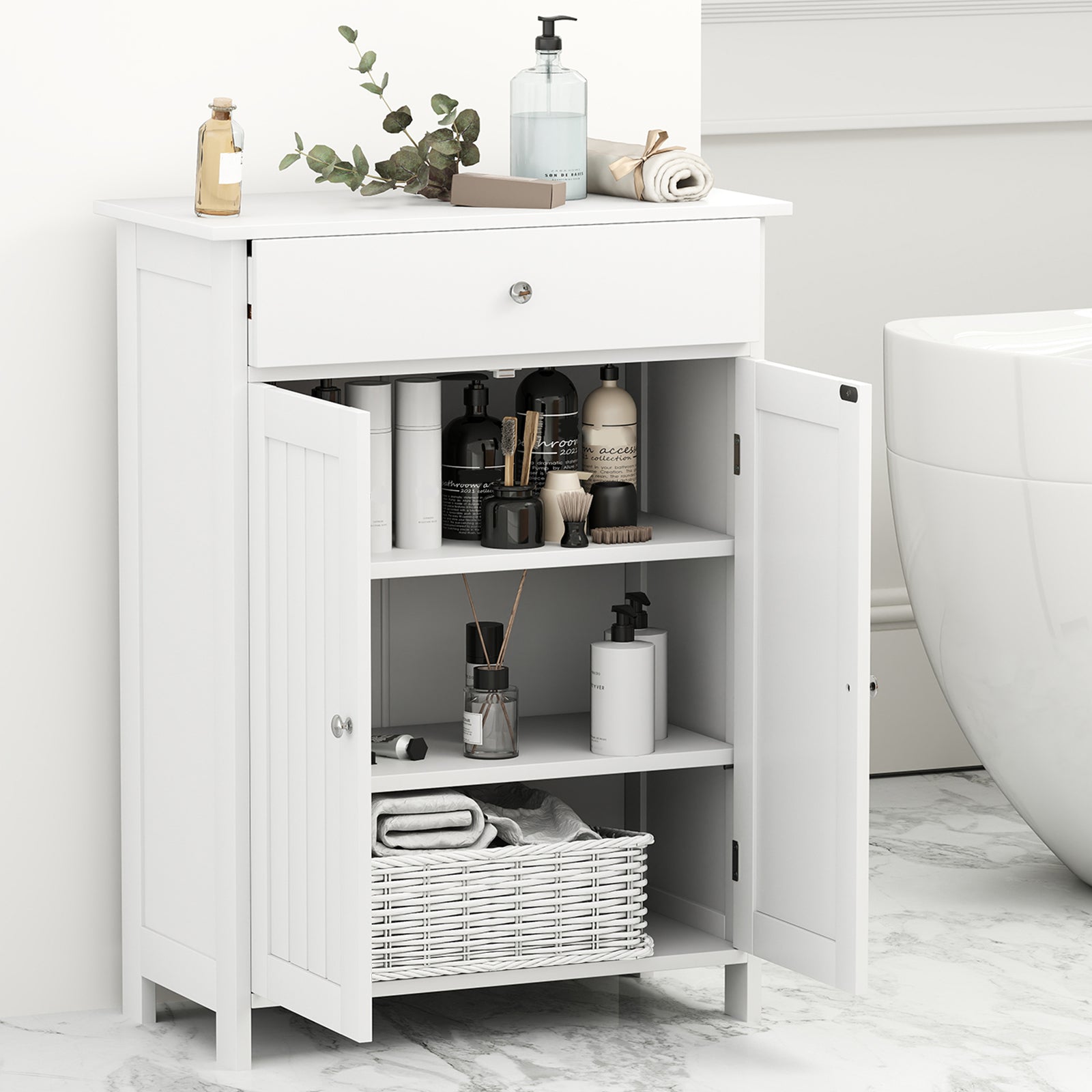 Bathroom Floor Cabinet 2-Door with Drawer and Adjustable Shelf-White
