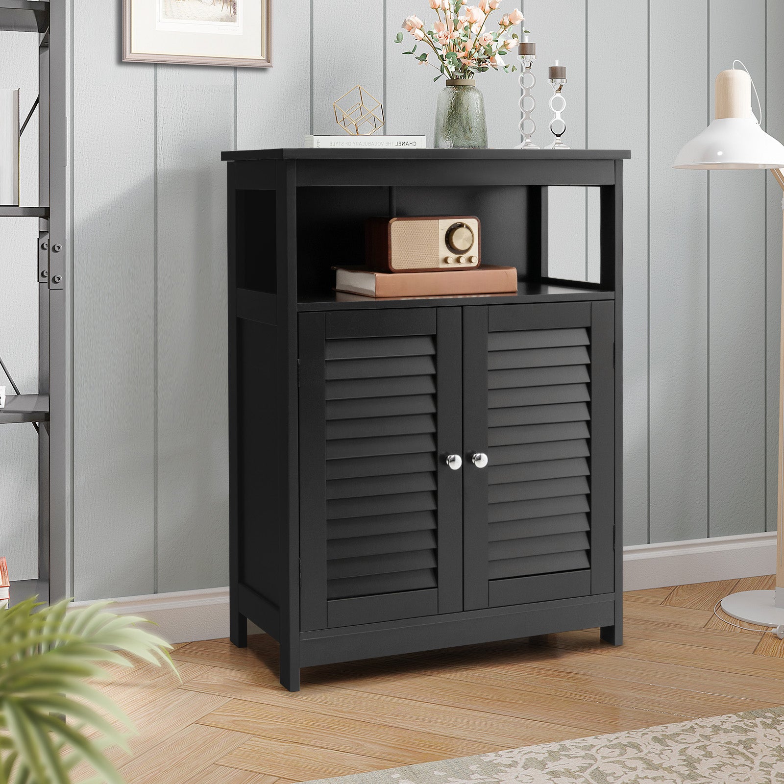 Bathroom Floor Cabinet with Double Shutter Door and Adjustable Shelf-Black