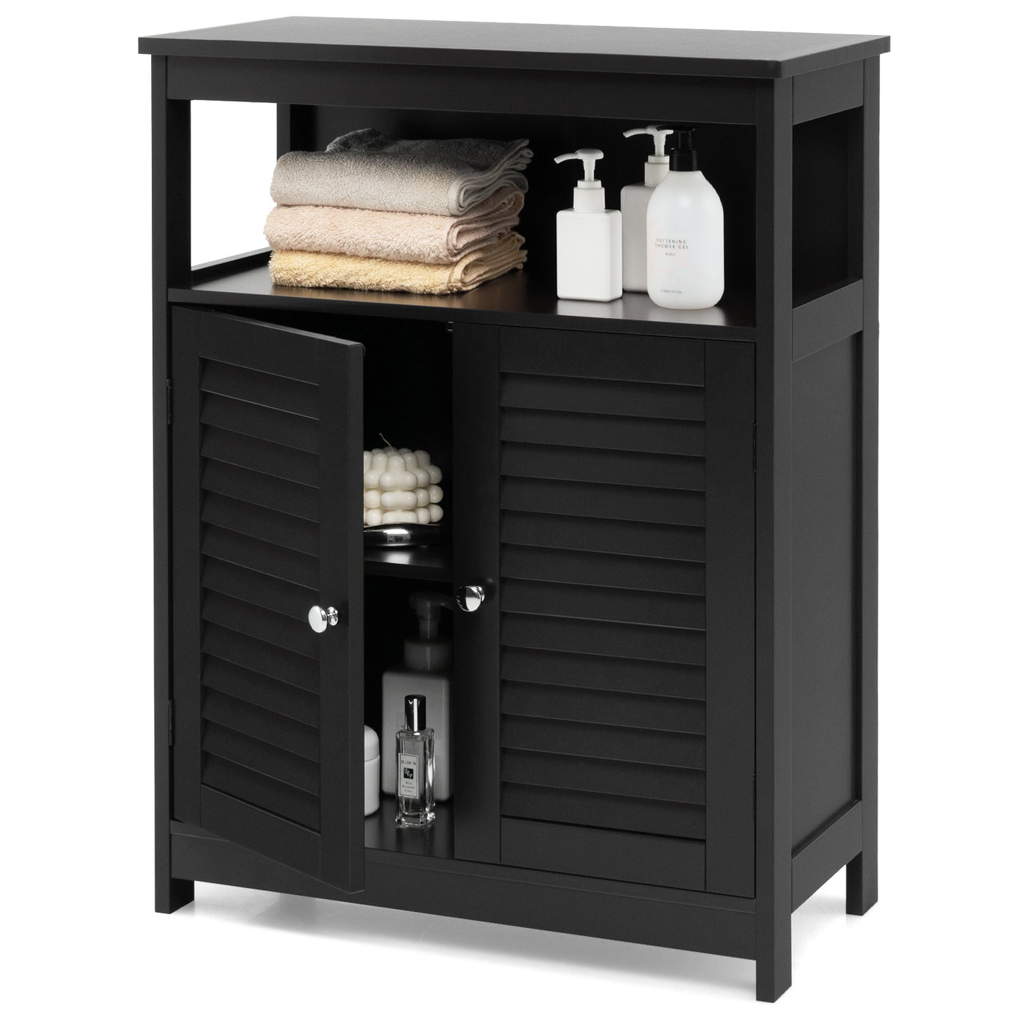 Bathroom Floor Cabinet with Double Shutter Door and Adjustable Shelf-Black