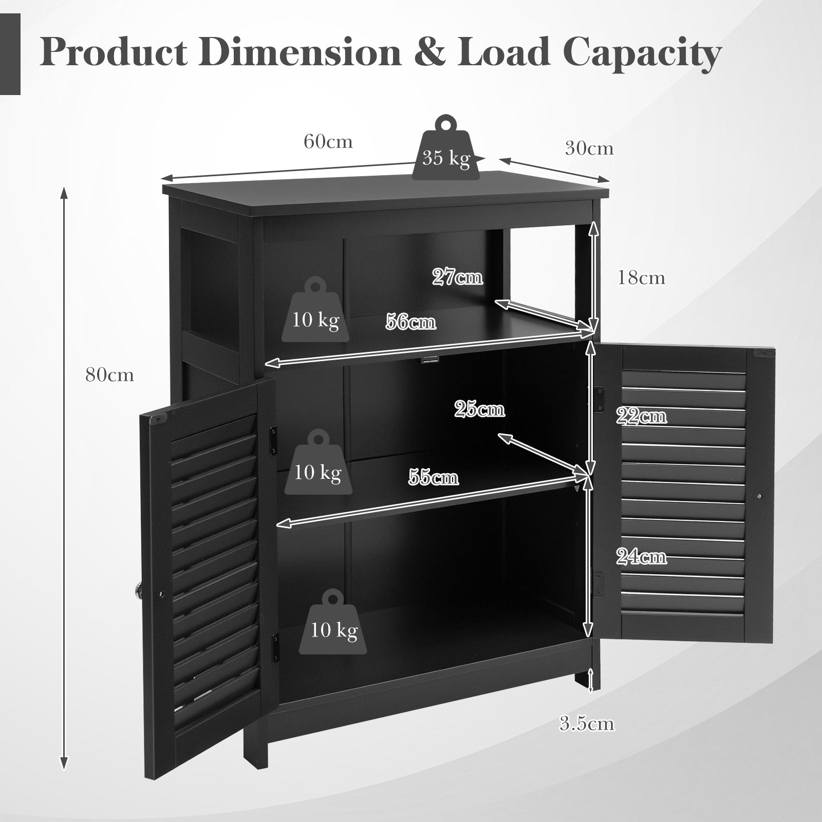 Bathroom Floor Cabinet with Double Shutter Door and Adjustable Shelf-Black