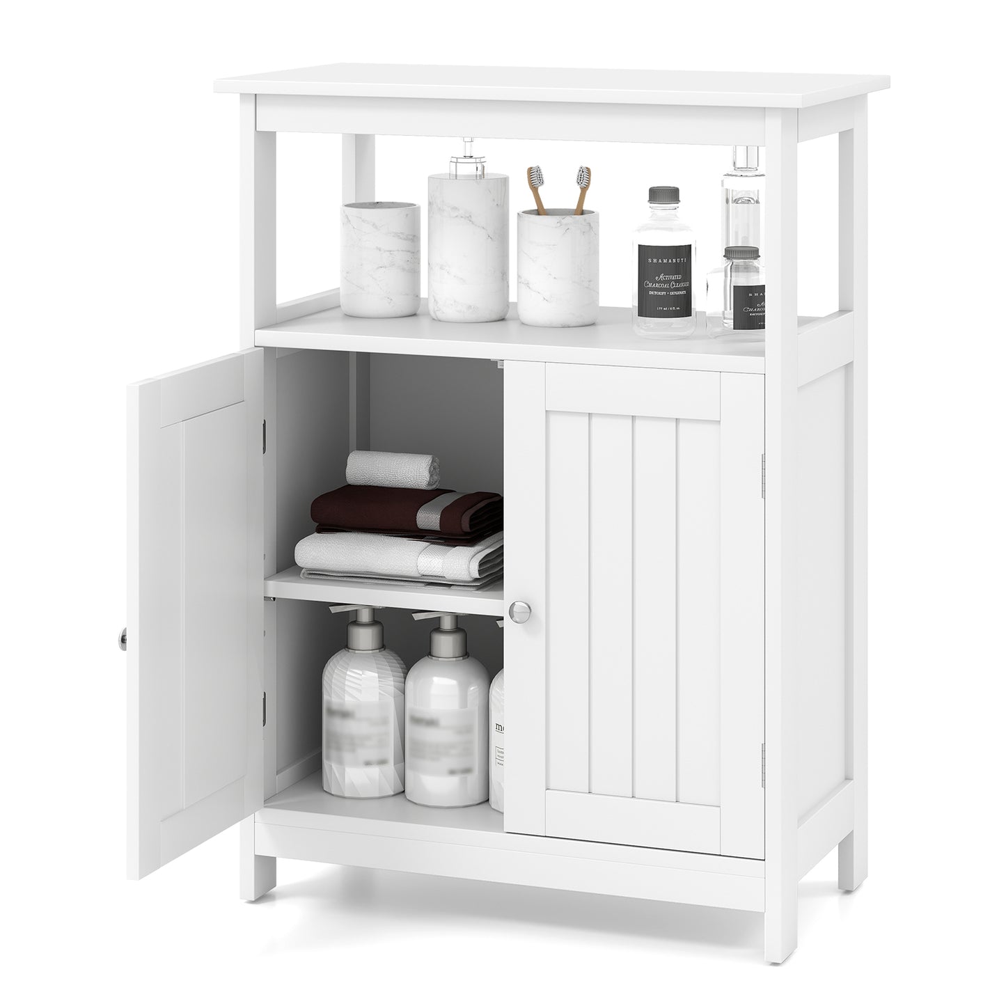 Bathroom Floor Cabinet with Open Shelf and Adjustable Shelf-White