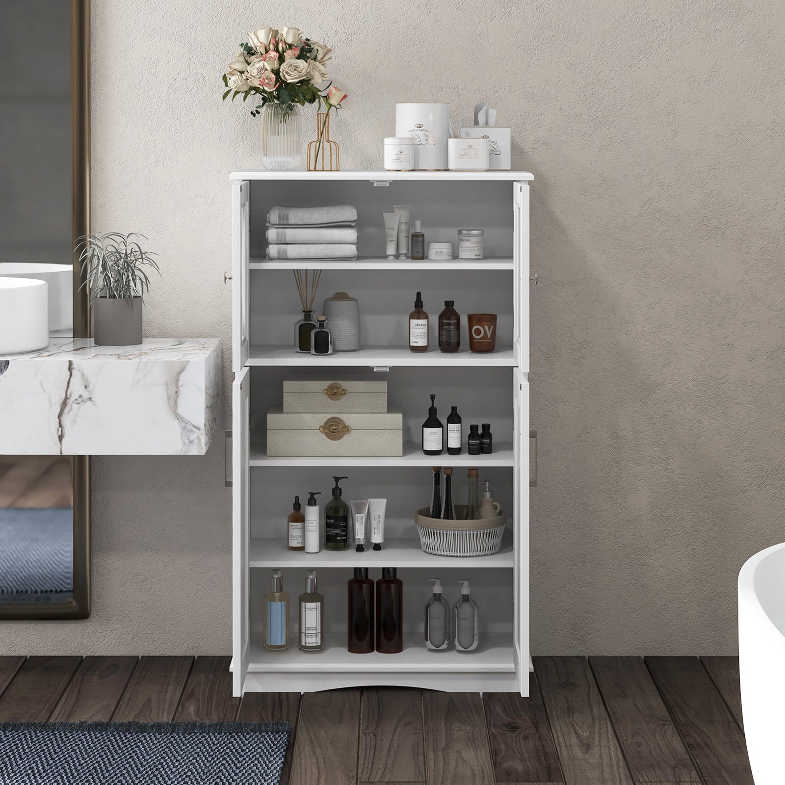 Bathroom Linen Storage Cabinet with Doors and Adjustable Shelves-White