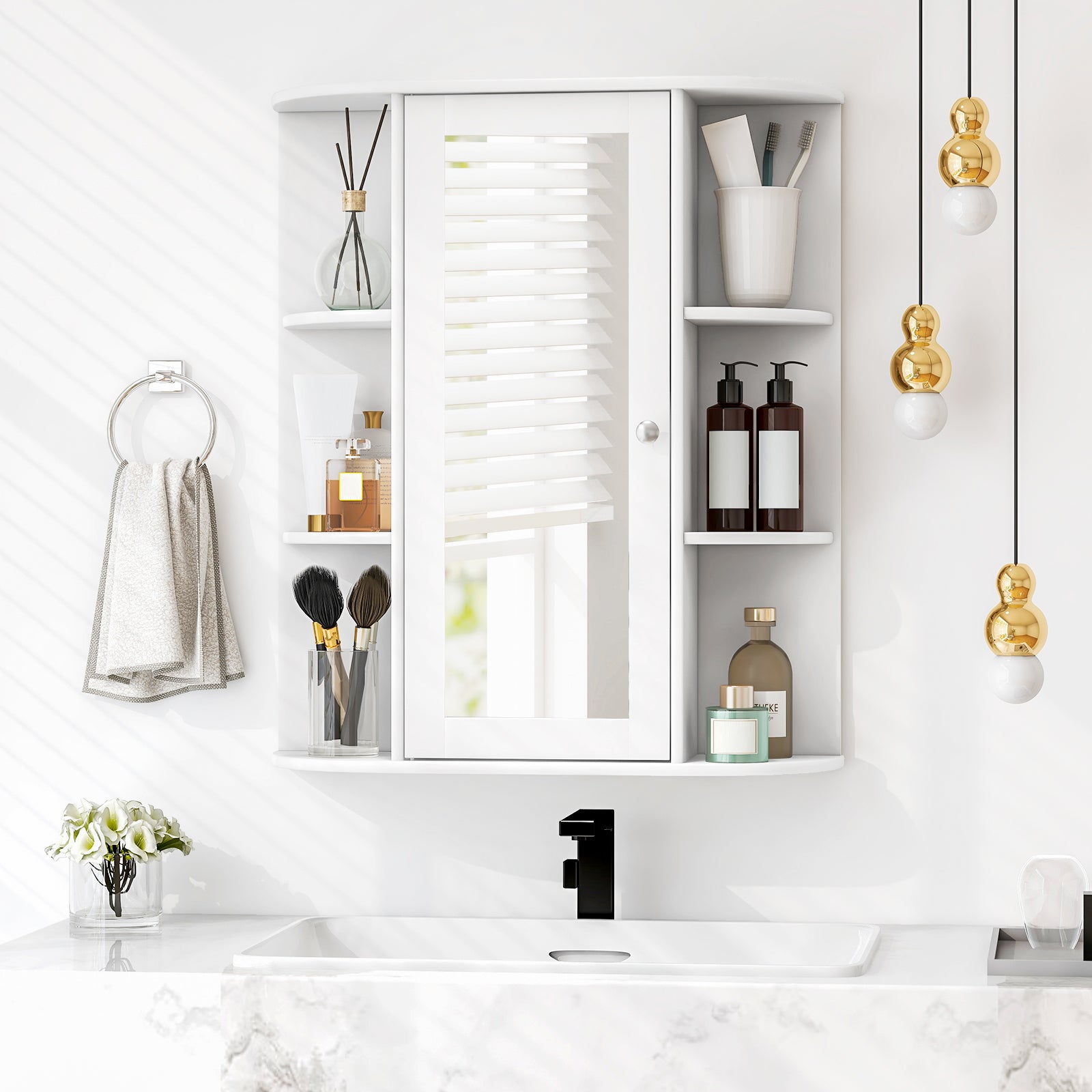 Bathroom Medicine Cabinet with Mirror with 3 Adjustable Shelves-White