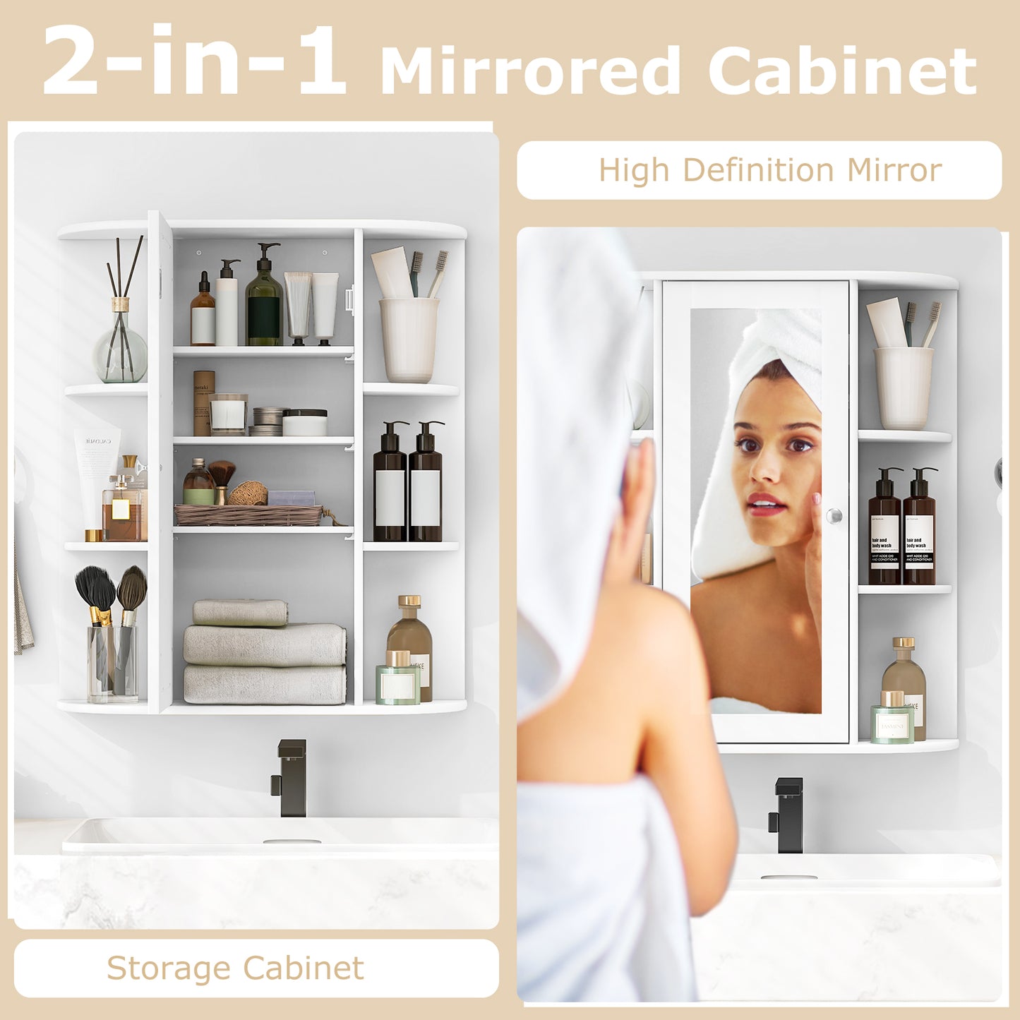 Bathroom Medicine Cabinet with Mirror with 3 Adjustable Shelves-White