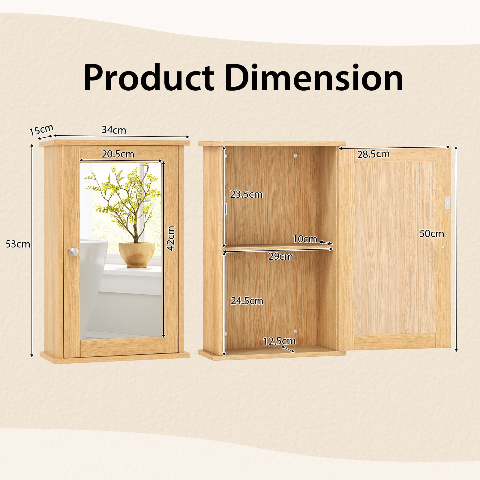 Bathroom Medicine Cabinet with Mirror and Adjustable Shelf-Natural