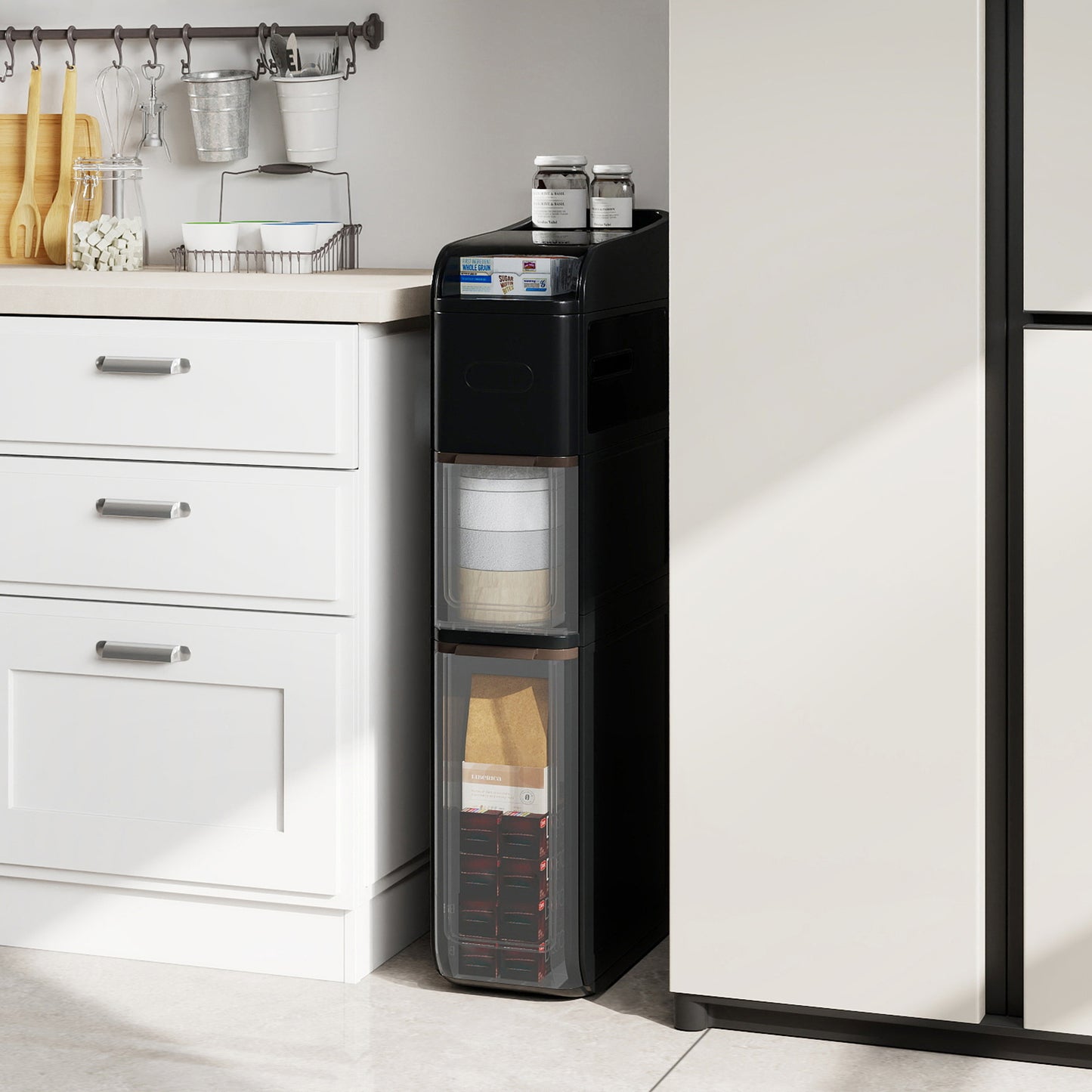 4-Tier Bathroom Storage Cabinet with 2 Drawers and Tissue Box-Black