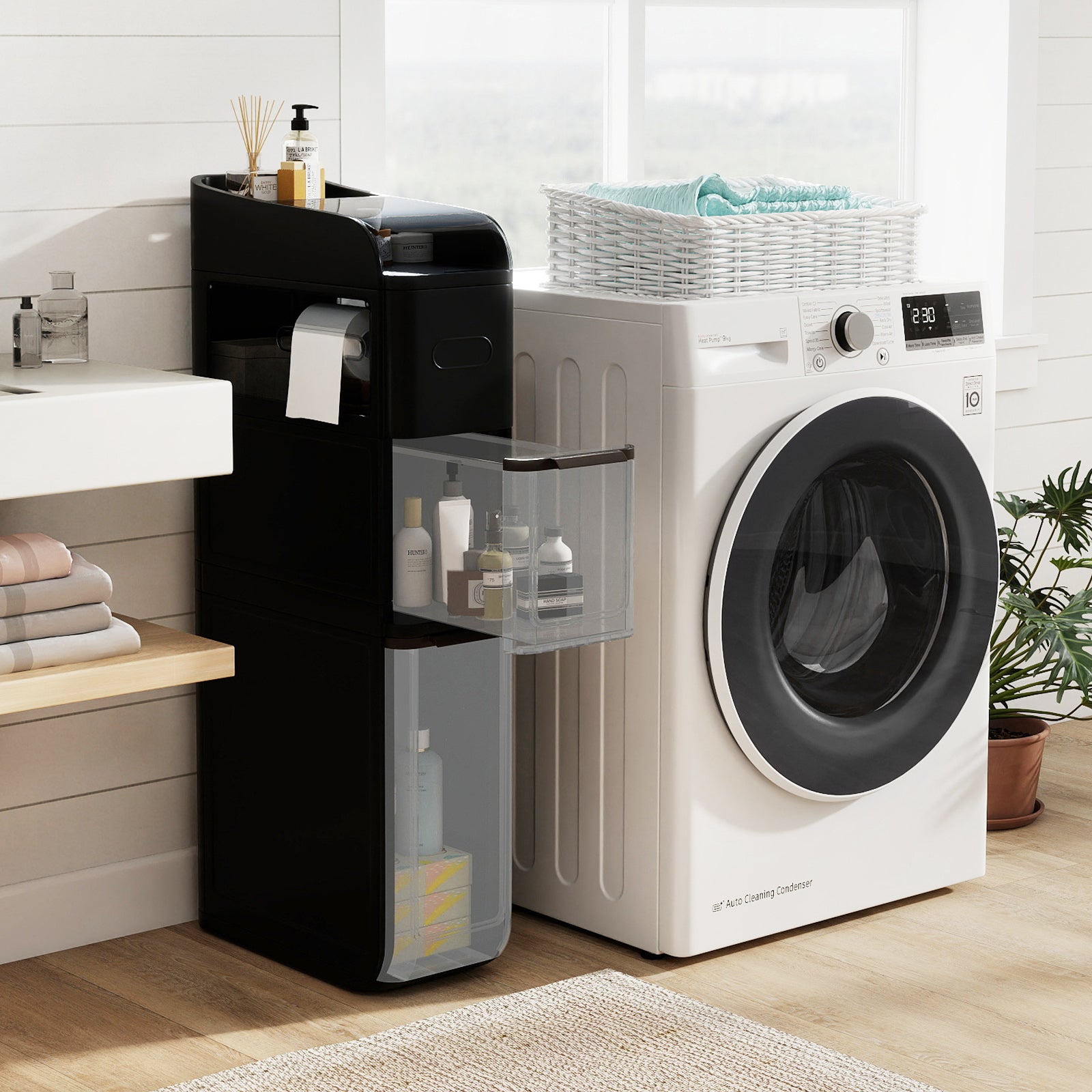 4-Tier Bathroom Storage Cabinet with 2 Drawers and Tissue Box-Black