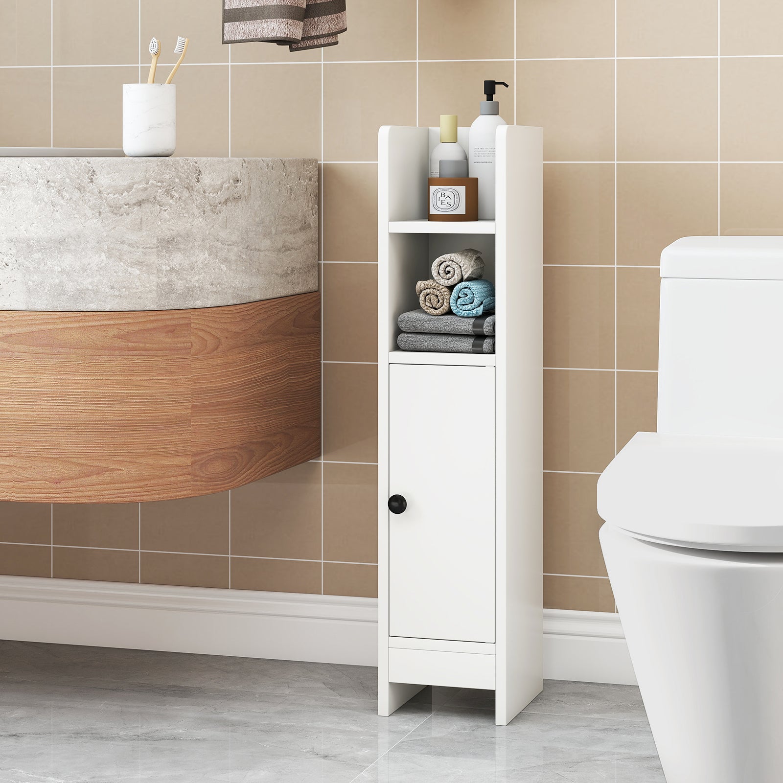 Bathroom Storage Cabinet with Door and Adjustable Shelves-White
