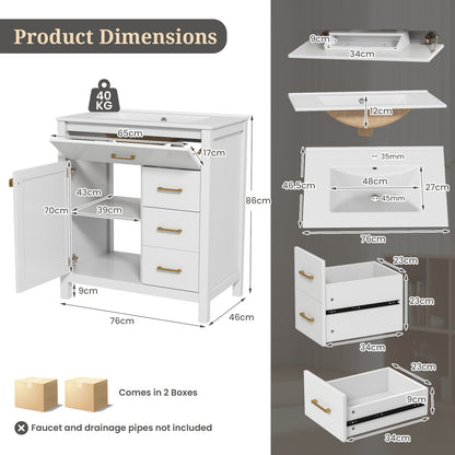 Bathroom Vanity with Sink and 2 Drawers and 1 Cabinet-White