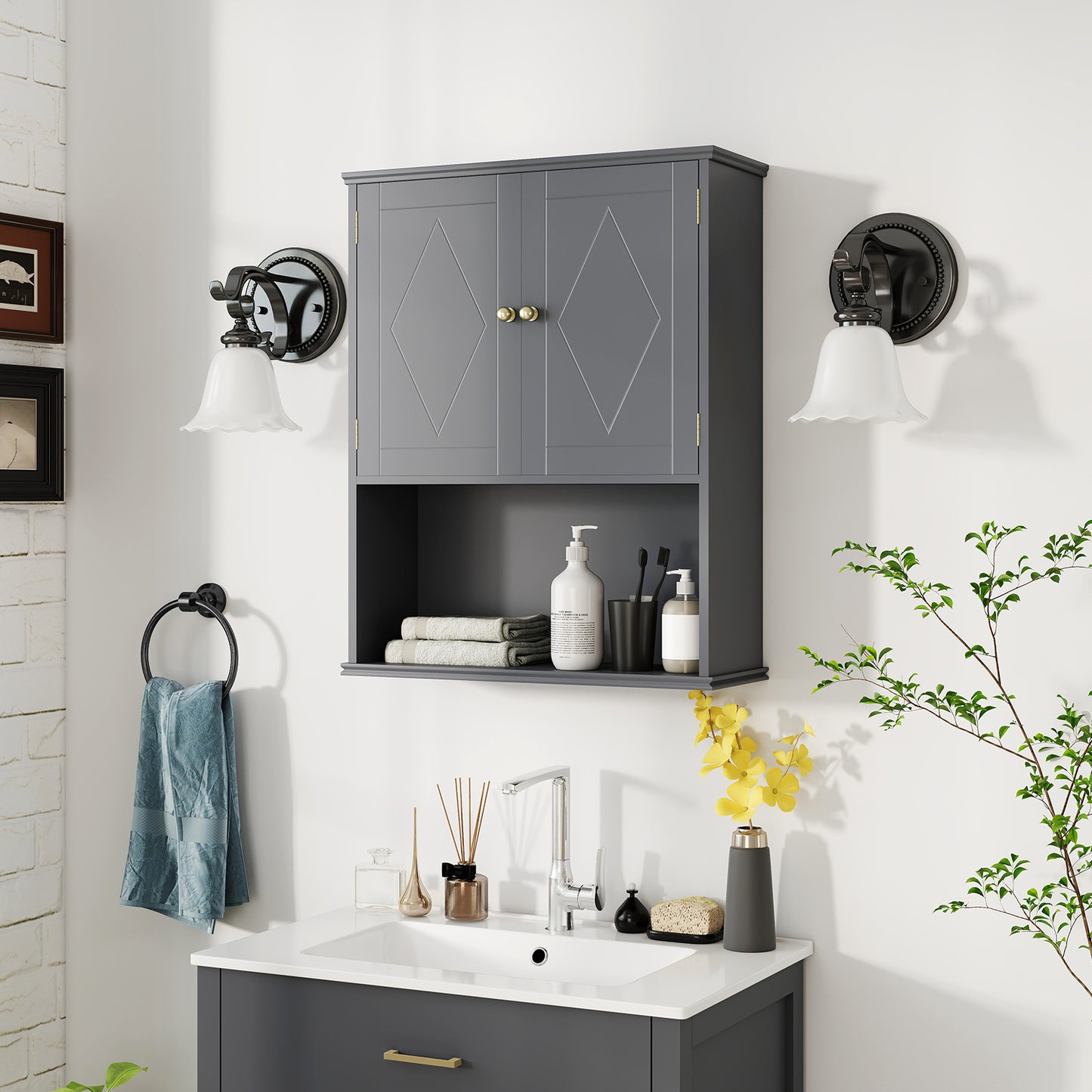 Bathroom Wall Cabinet with Open Shelf and Adjustable Shelf-Grey