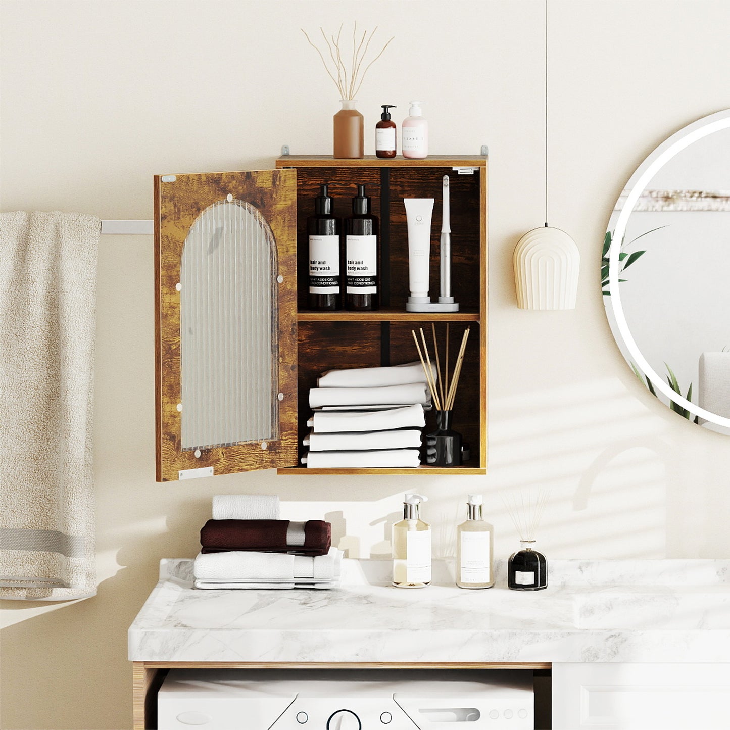 Bathroom Wall Cabinet with Tempered Glass Door and Adjustable Shelf-Brown