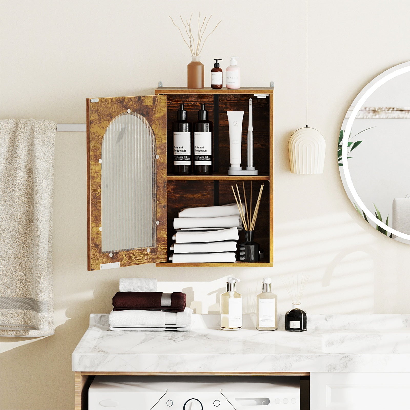 Bathroom Wall Cabinet with Tempered Glass Door and Adjustable Shelf-Brown