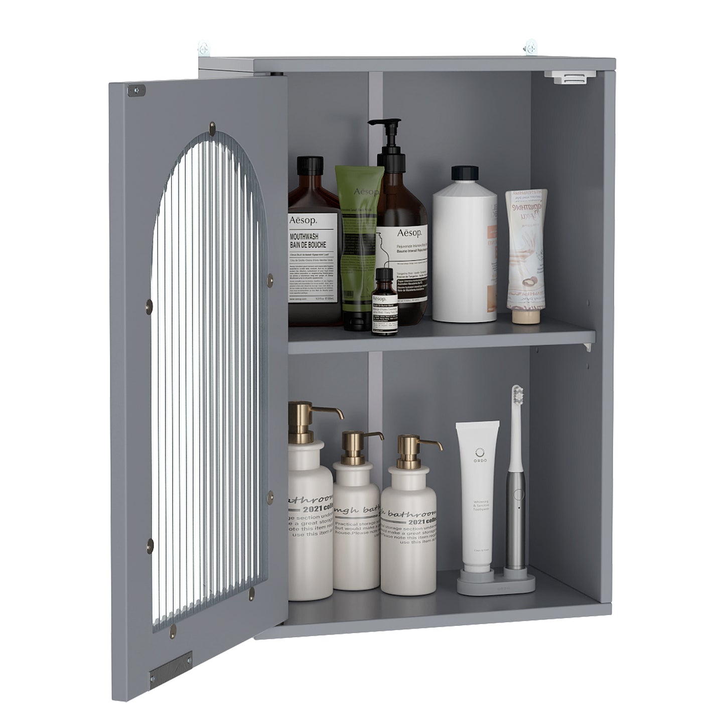 Bathroom Wall Cabinet with Tempered Glass Door and Adjustable Shelf-Grey