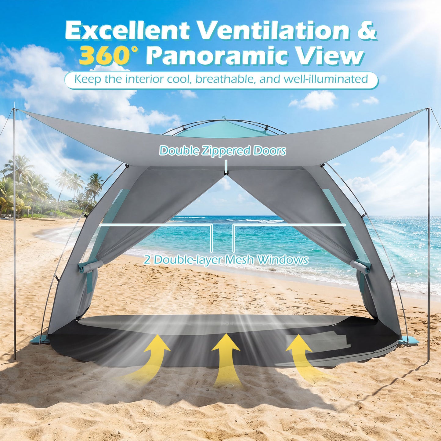 Beach Tent Sun Shelter with Canopy Carry Bag for 3-4 Person-Blue