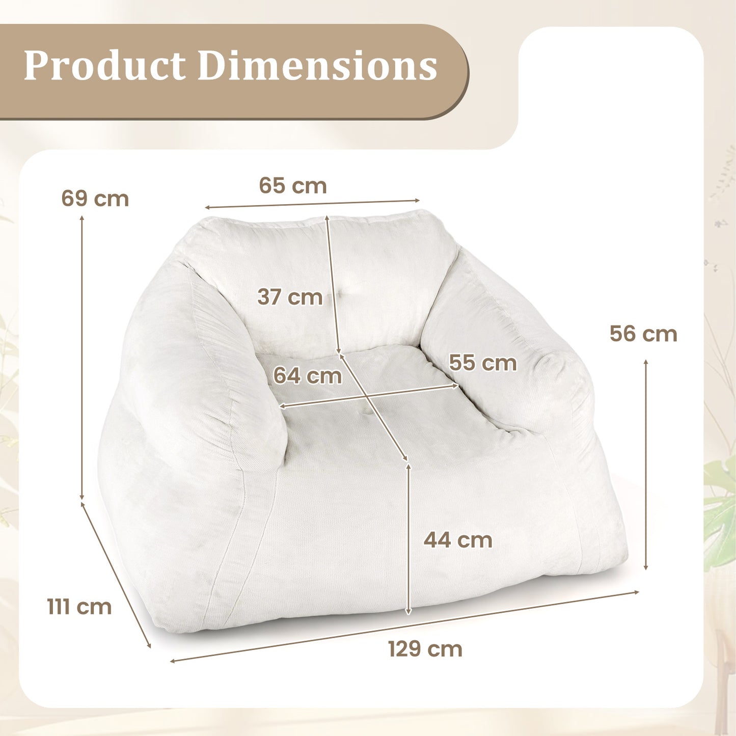 Bean Bag Chair with Velvet Cover and Non-slip Bottom for Bedroom-Beige