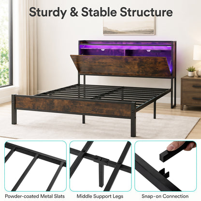 Bed Frame with LED Lights and Charging Station Industrial Metal Platform Bed-King Size