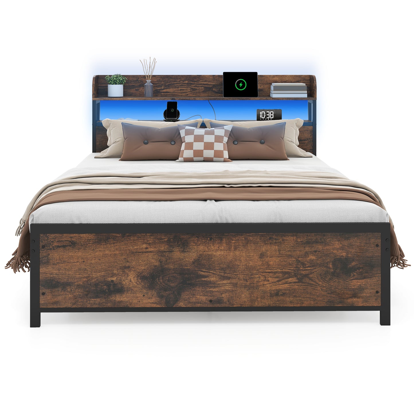 Bed Frame with LED Lights and Power Outlets-King Size