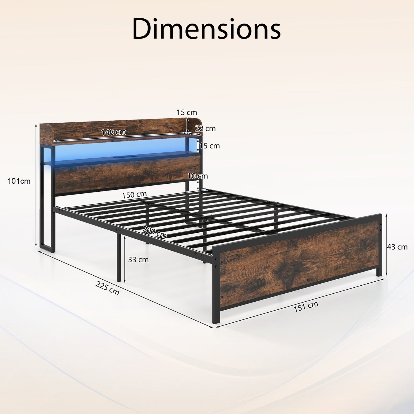 Bed Frame with LED Lights and Power Outlets-King Size