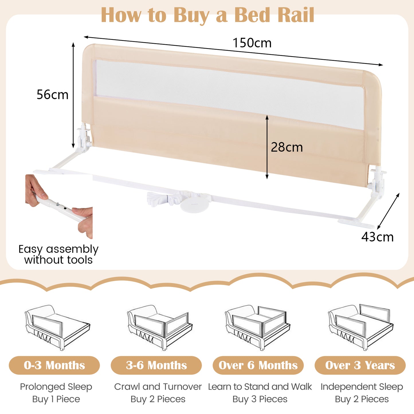 150CM Foldable Baby Bed Rail Guard with Washable Cover and Safety Strap-Beige
